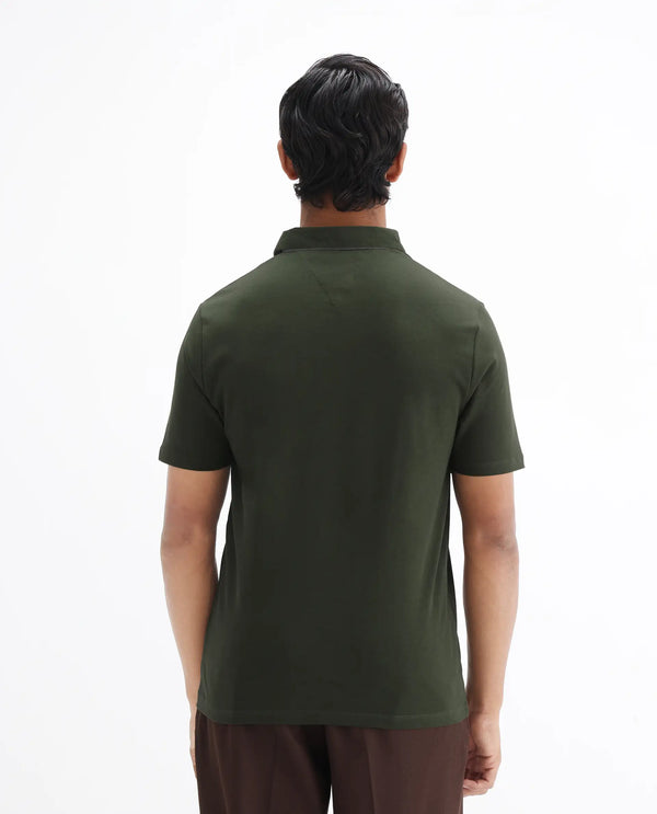 Rare Rabbit Men's Casca Dark Olive Cotton Fabric Collared Neck Half Sleeves Polo T-Shirt