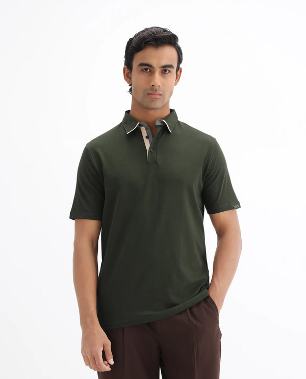 Rare Rabbit Men's Casca Dark Olive Cotton Fabric Collared Neck Half Sleeves Polo T-Shirt