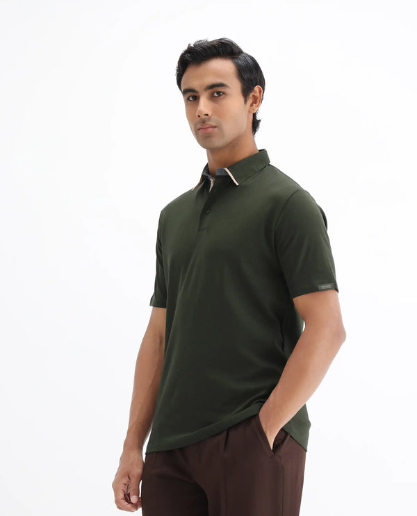 Rare Rabbit Men's Casca Dark Olive Cotton Fabric Collared Neck Half Sleeves Polo T-Shirt