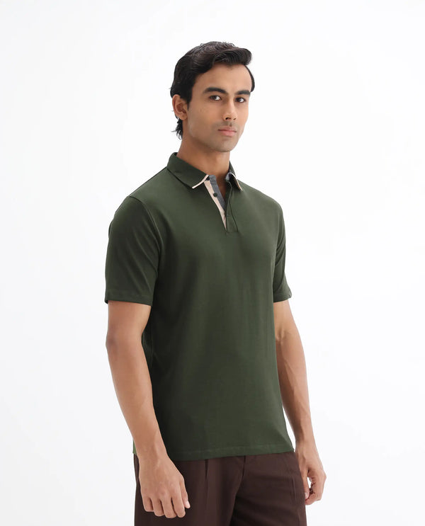Rare Rabbit Men's Casca Dark Olive Cotton Fabric Collared Neck Half Sleeves Polo T-Shirt