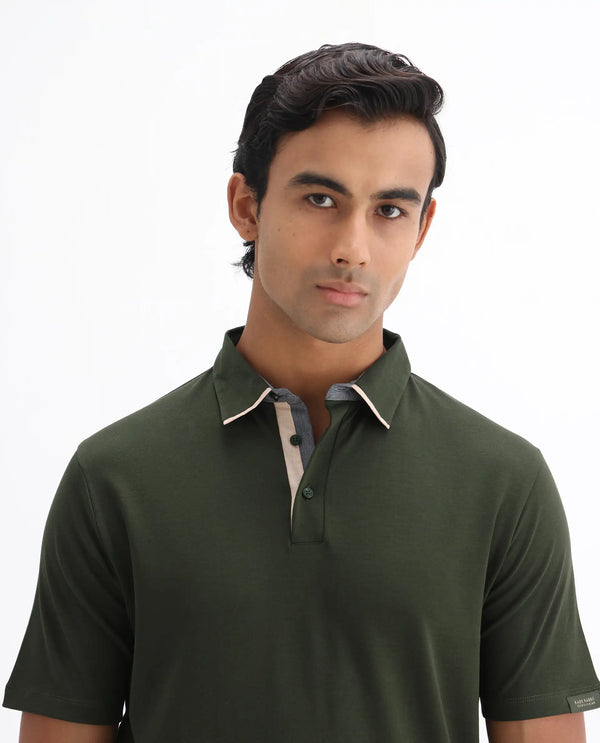 Rare Rabbit Men's Casca Dark Olive Cotton Fabric Collared Neck Half Sleeves Polo T-Shirt