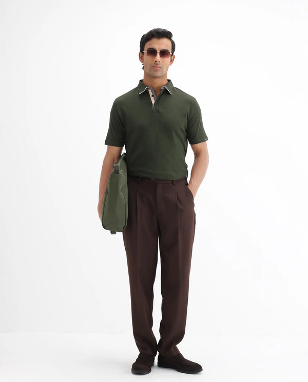 Rare Rabbit Men's Casca Dark Olive Cotton Fabric Collared Neck Half Sleeves Polo T-Shirt