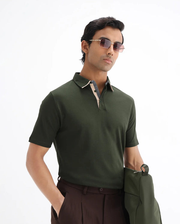 Rare Rabbit Men's Casca Dark Olive Cotton Fabric Collared Neck Half Sleeves Polo T-Shirt
