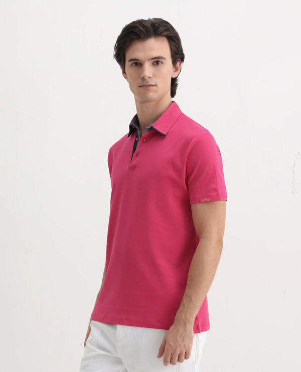 Rare Rabbit Men's Casca Flouroscent Red Cotton Fabric Collared Neck Half Sleeves Polo T-Shirt