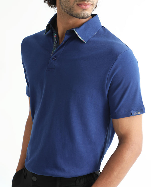 Rare Rabbit Men's Casca Dark Blue Cotton Fabric Collared Neck Half Sleeves Polo T-Shirt