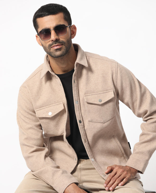 Rare Rabbit Men's Cason Light Beige Multi-Pocket Regular Collar Jacket