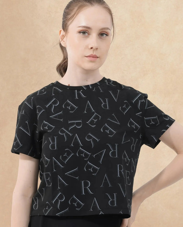 Rareism Women Cassia Black Cotton Elastane Fabric Crew Neck Knit Solid T-Shirt
