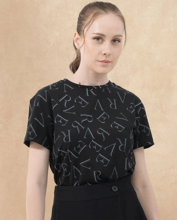 Rareism Women Cassia Black Cotton Elastane Fabric Crew Neck Knit Solid T-Shirt