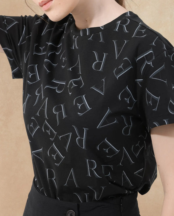 Rareism Women Cassia Black Cotton Elastane Fabric Crew Neck Knit Solid T-Shirt