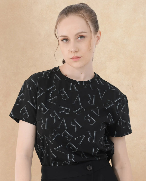 Rareism Women Cassia Black Cotton Elastane Fabric Crew Neck Knit Solid T-Shirt