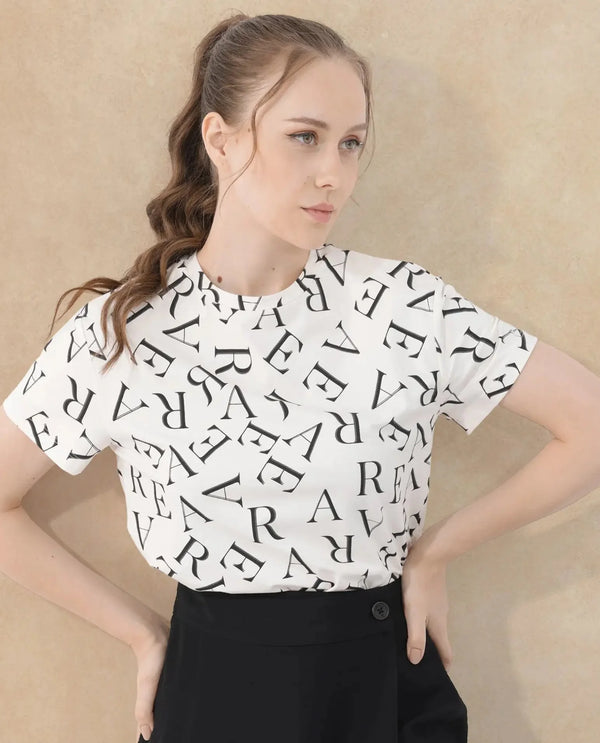 Rareism Women Cassia Off White Cotton Elastane Fabric Crew Neck Knit Solid T-Shirt