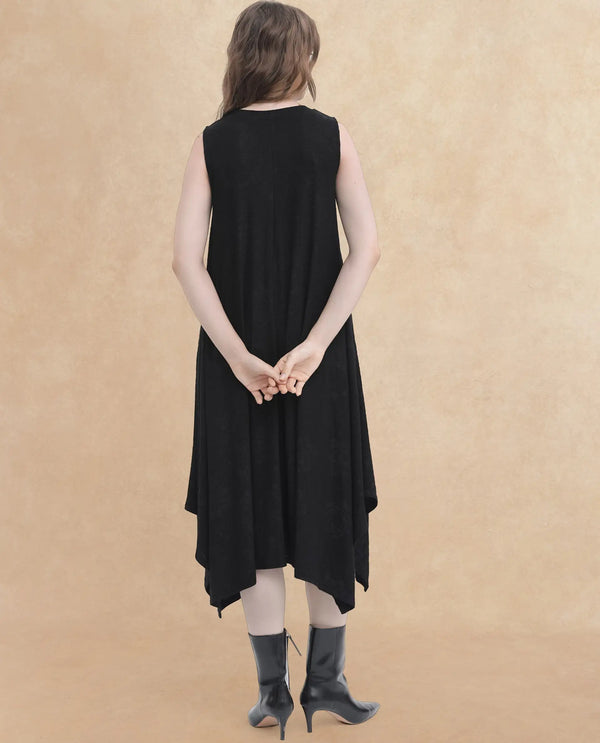 Rareism Women Cassidy Black Poly Viscose Elastane Fabric Round Neck Sleeveless Flared Fit Plain Midi Dress