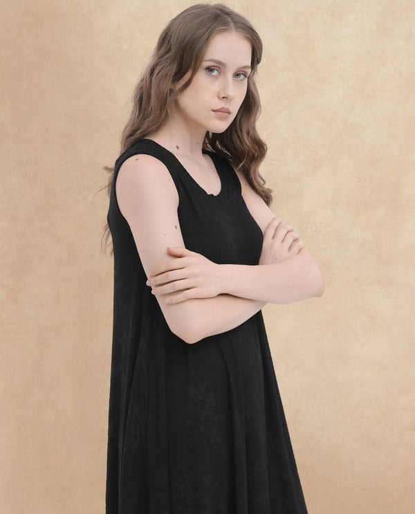Rareism Women Cassidy Black Poly Viscose Elastane Fabric Round Neck Sleeveless Flared Fit Plain Midi Dress