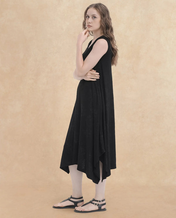 Rareism Women Cassidy Black Poly Viscose Elastane Fabric Round Neck Sleeveless Flared Fit Plain Midi Dress