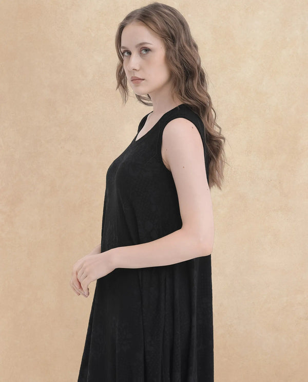 Rareism Women Cassidy Black Poly Viscose Elastane Fabric Round Neck Sleeveless Flared Fit Plain Midi Dress