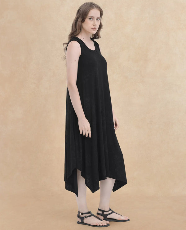 Rareism Women Cassidy Black Poly Viscose Elastane Fabric Round Neck Sleeveless Flared Fit Plain Midi Dress