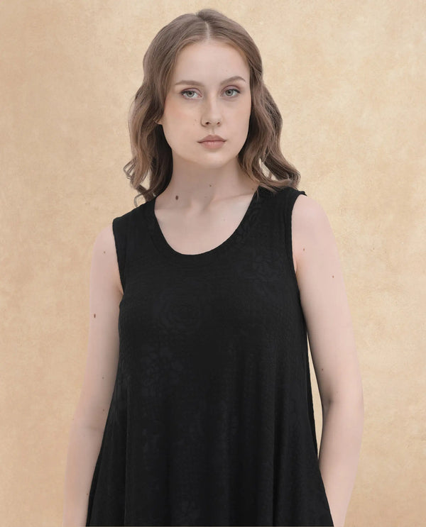 Rareism Women Cassidy Black Poly Viscose Elastane Fabric Round Neck Sleeveless Flared Fit Plain Midi Dress