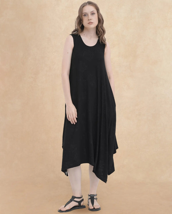 Rareism Women Cassidy Black Poly Viscose Elastane Fabric Round Neck Sleeveless Flared Fit Plain Midi Dress