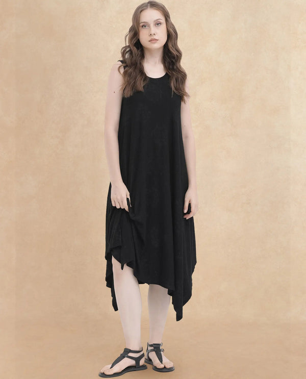 Rareism Women Cassidy Black Poly Viscose Elastane Fabric Round Neck Sleeveless Flared Fit Plain Midi Dress