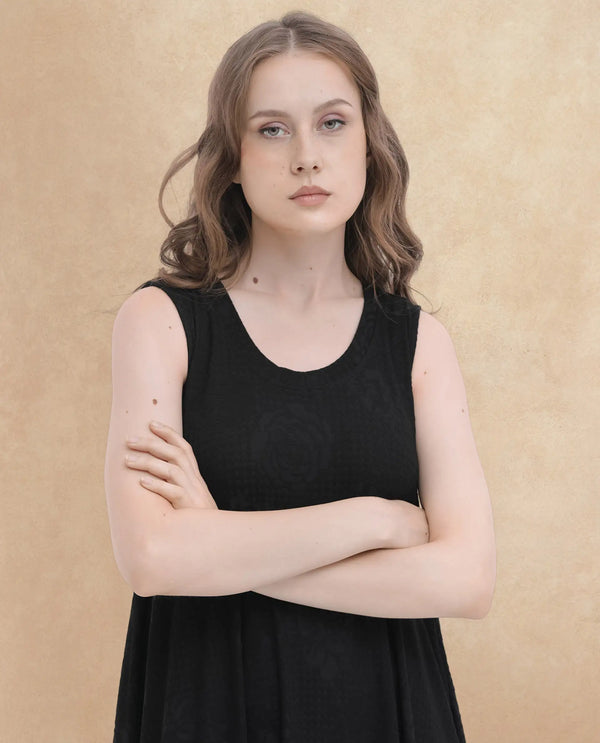 Rareism Women Cassidy Black Poly Viscose Elastane Fabric Round Neck Sleeveless Flared Fit Plain Midi Dress