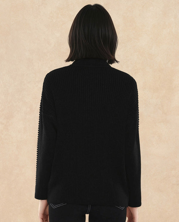 Rareism Women Cassiopiea Black Acrylic Fabric Relaxed Fit Plain Sweater