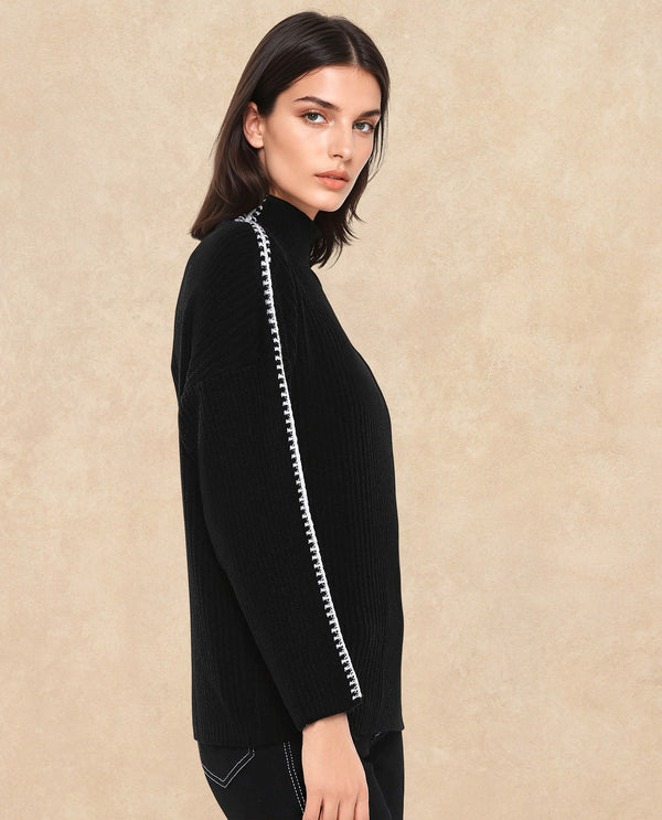 Rareism Women Cassiopiea Black Acrylic Fabric Relaxed Fit Plain Sweater