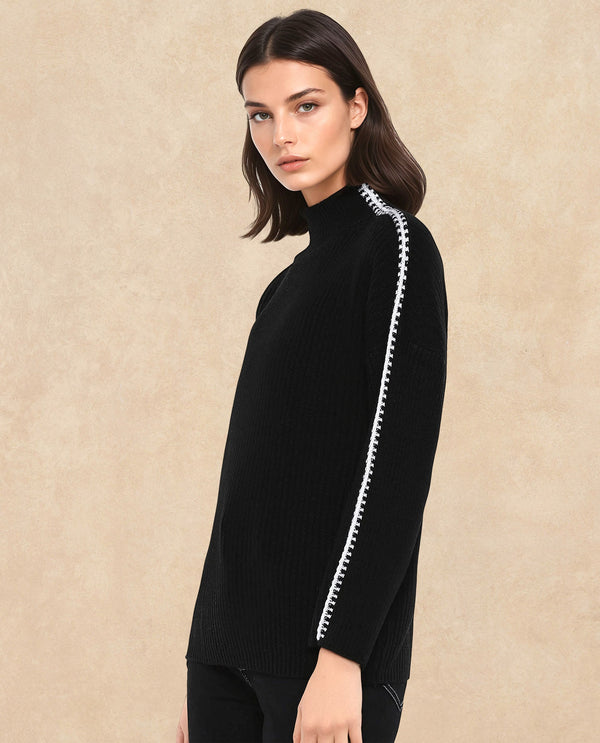 Rareism Women Cassiopiea Black Acrylic Fabric Relaxed Fit Plain Sweater