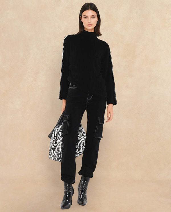 Rareism Women Cassiopiea Black Acrylic Fabric Relaxed Fit Plain Sweater