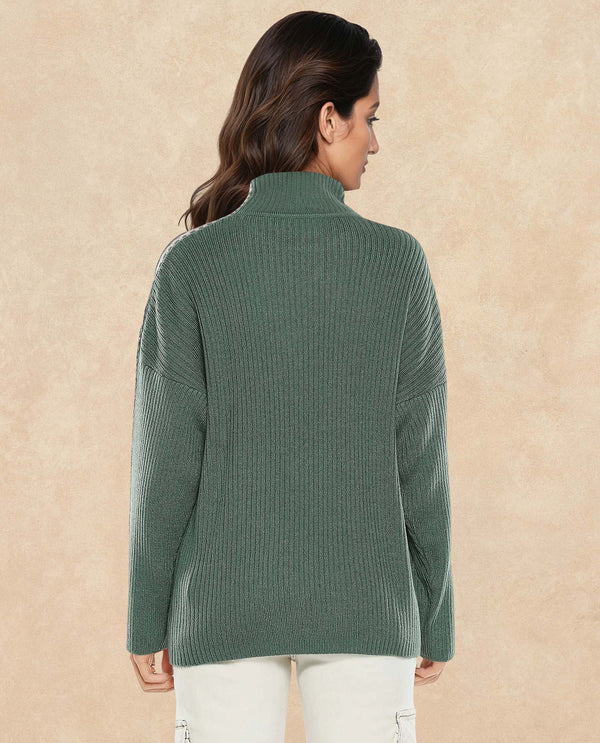 Rareism Women Cassiopiea Olive Acrylic Fabric Relaxed Fit Plain Sweater