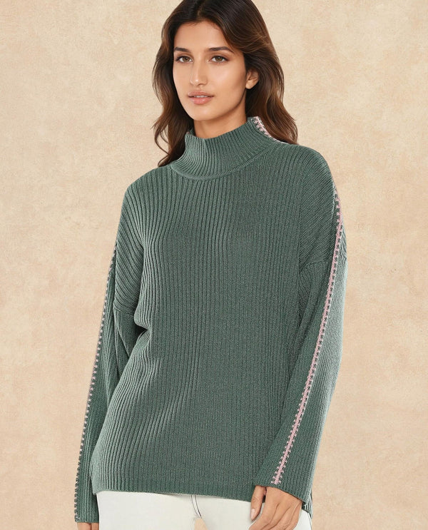 Rareism Women Cassiopiea Olive Acrylic Fabric Relaxed Fit Plain Sweater