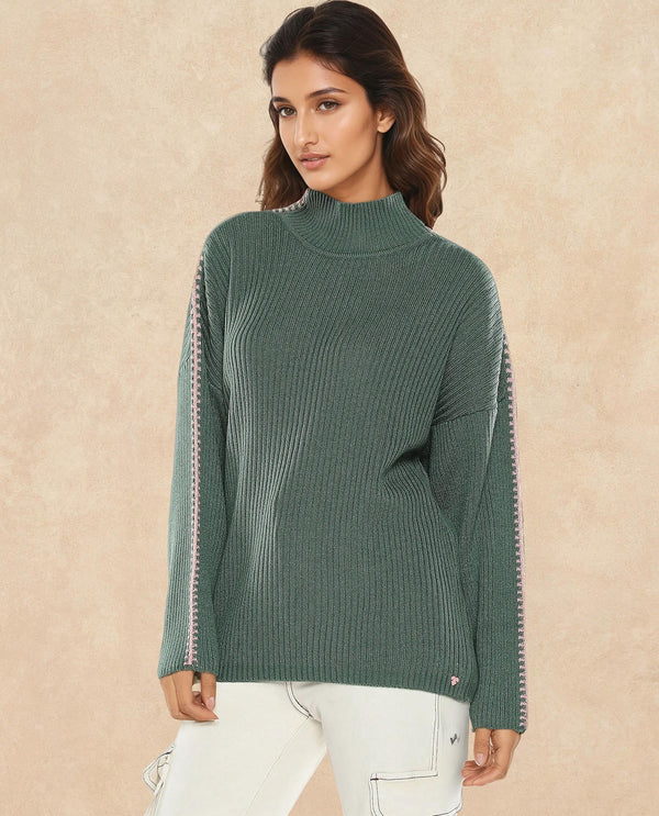 Rareism Women Cassiopiea Olive Acrylic Fabric Relaxed Fit Plain Sweater