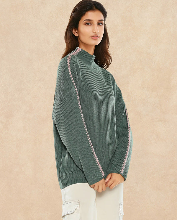 Rareism Women Cassiopiea Olive Acrylic Fabric Relaxed Fit Plain Sweater