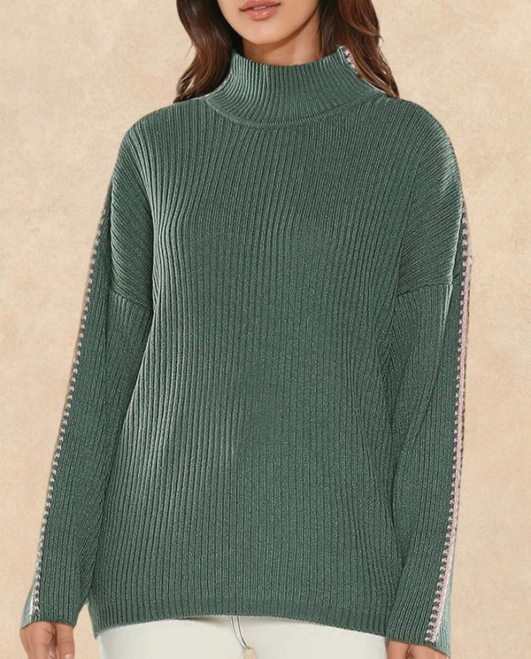 Rareism Women Cassiopiea Olive Acrylic Fabric Relaxed Fit Plain Sweater