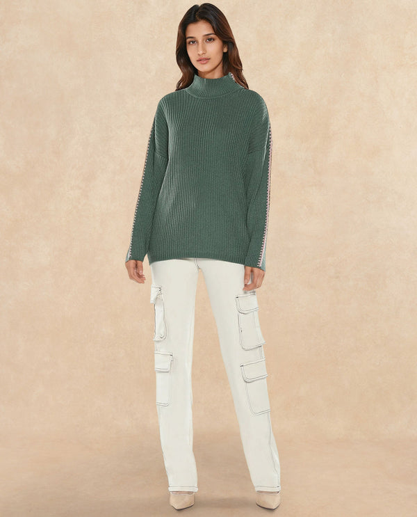 Rareism Women Cassiopiea Olive Acrylic Fabric Relaxed Fit Plain Sweater