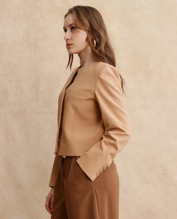 Rareism Women Castlei Beige Full Sleeve V-Neck Button Closure Plain Jacket