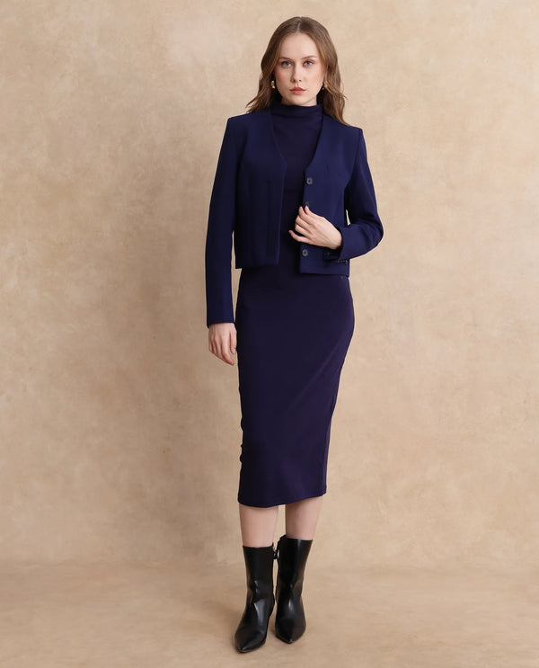 Rareism Women Castlei Dark Navy Full Sleeve V-Neck Button Closure Plain Jacket