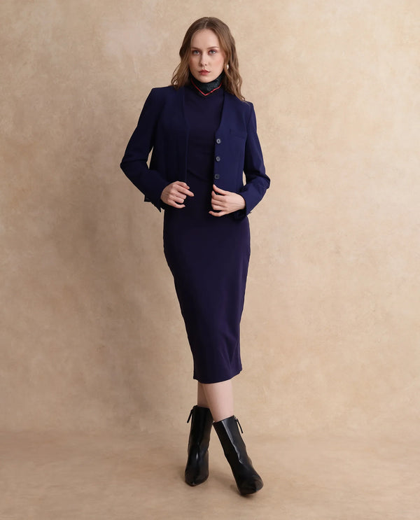 Rareism Women Castlei Dark Navy Full Sleeve V-Neck Button Closure Plain Jacket