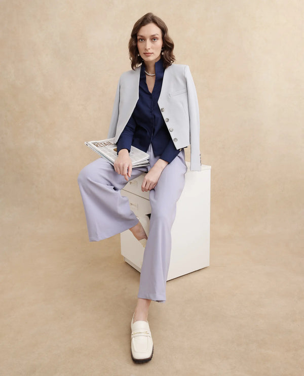 Rareism Women Castlei Light Grey Full Sleeve V-Neck Button Closure Plain Jacket