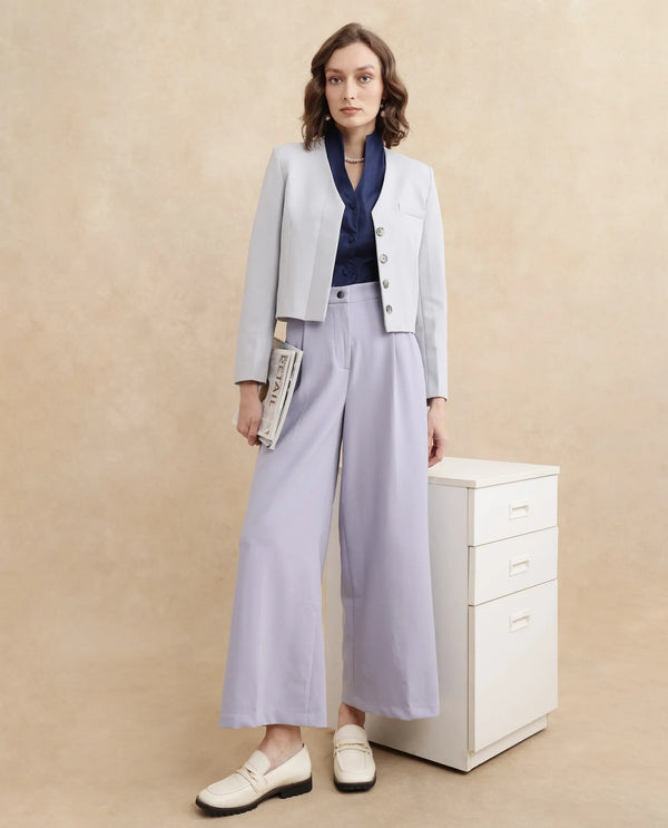 Rareism Women Castlei Light Grey Full Sleeve V-Neck Button Closure Plain Jacket