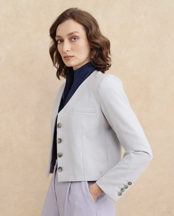 Rareism Women Castlei Light Grey Full Sleeve V-Neck Button Closure Plain Jacket