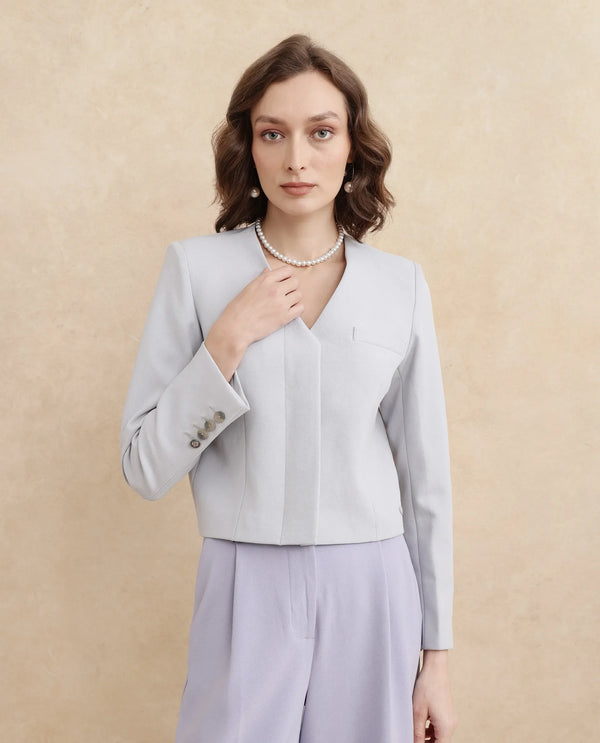 Rareism Women Castlei Light Grey Full Sleeve V-Neck Button Closure Plain Jacket