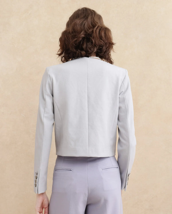 Rareism Women Castlei Light Grey Full Sleeve V-Neck Button Closure Plain Jacket
