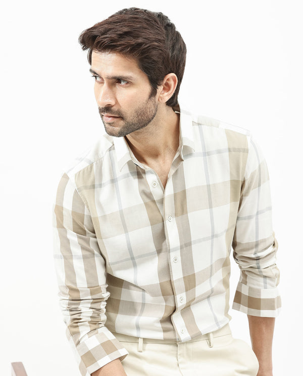 Rare Rabbit Mens Cavours Beige Cotton Fabric Collared Neck Full Sleeves Check Shirt