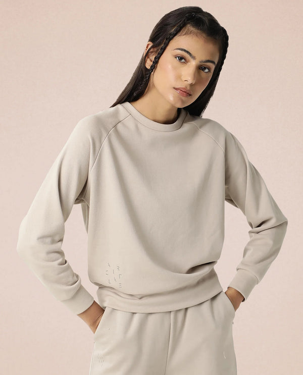 Rareism Women Cax Beige Cotton Blend Fabric Relaxed Fit Full Sleeves Solid Round Neck Sweatshirt