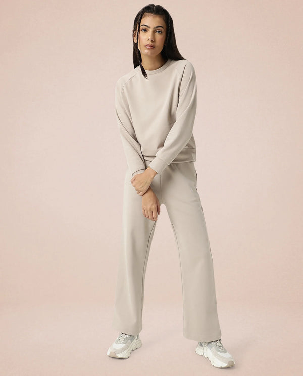 Rareism Women Cax Beige Cotton Blend Fabric Relaxed Fit Full Sleeves Solid Round Neck Sweatshirt