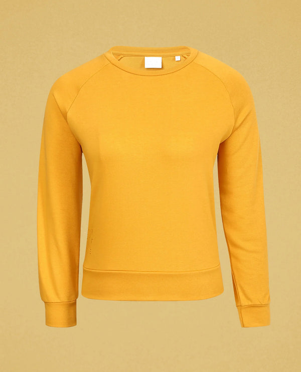 Rareism Women Cax Mustard Cotton Blend Fabric Relaxed Fit Full Sleeves Solid Round Neck Sweatshirt