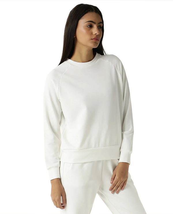 Rareism Women Cax Off White Cotton Blend Fabric Relaxed Fit Full Sleeves Solid Round Neck Sweatshirt