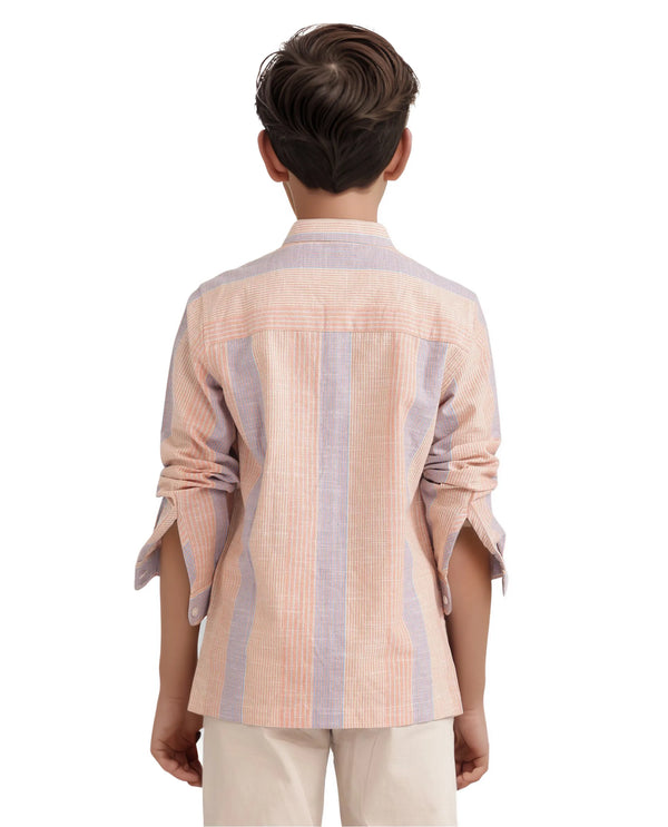 Rare Ones Kids Cazac Light Orange Cotton Full Sleeve Mandarin Collar Striped Shirt