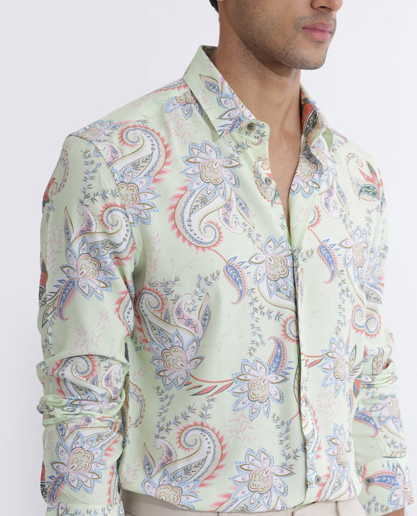 Rare Rabbit Men's Cecilia Green Rayon Linen Fabric Full Sleeves Paisley Print Shirt
