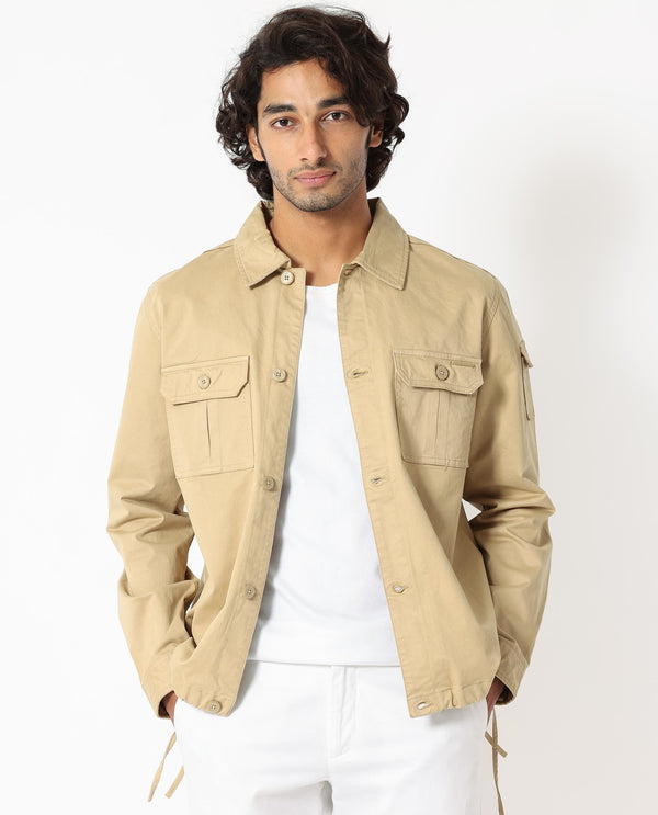 Rare Rabbit Men's Cedro Beige Cotton Lycra Fabric Full Sleeves Dyed Cargo Jacket